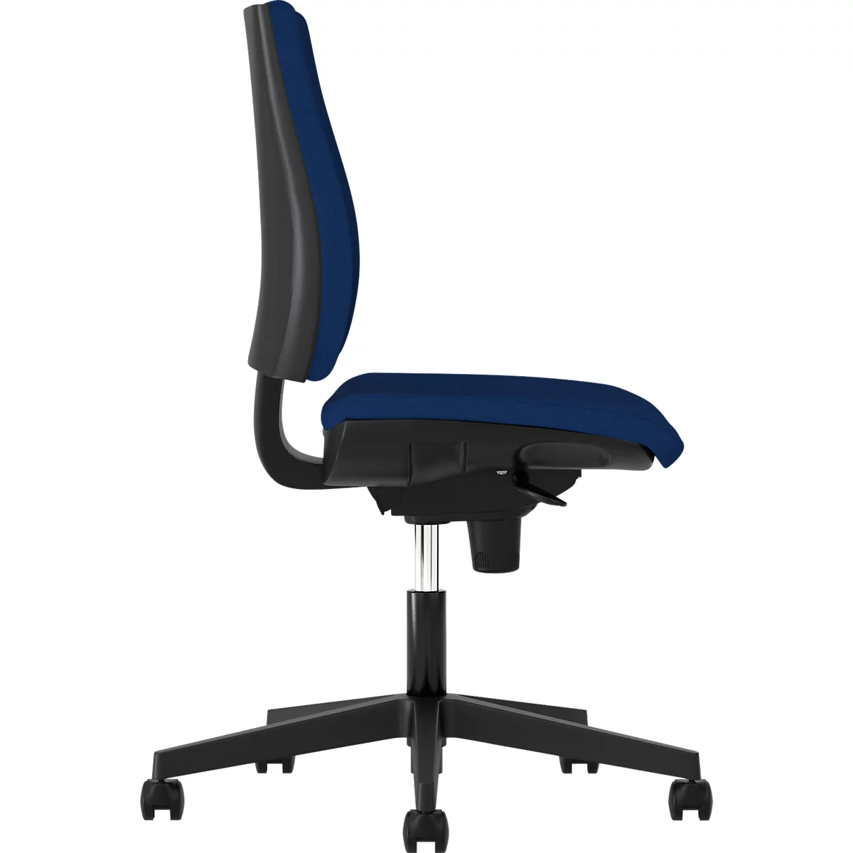 Bürostuhl in Seitenansicht. Blaue Sitzfläche und Rückenlehne, schwarze Armlehnen und Gestell. Fünf Rollen.