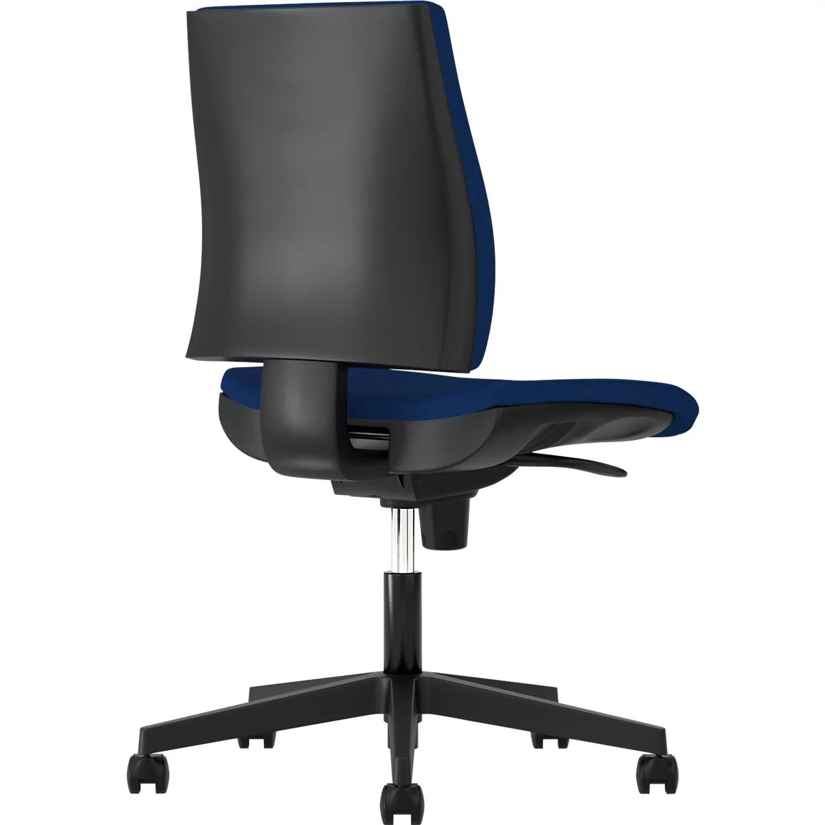 Bürostuhl, Rückansicht. Schwarzer Rahmen, blaues Sitzkissen und Rückenlehne.