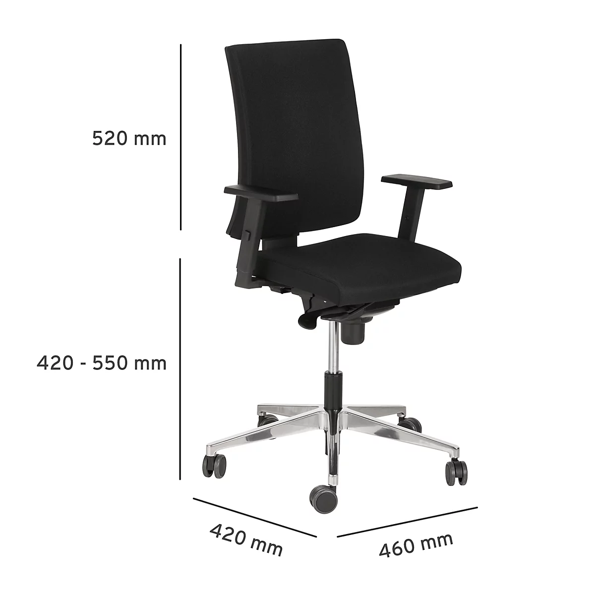 Schwarzer Bürostuhl mit Armlehnen, Maße: 520 mm hoch, 420-550 mm höhenverstellbar, 420 mm breit, 460 mm tief. Rollen-Fußkreuz.