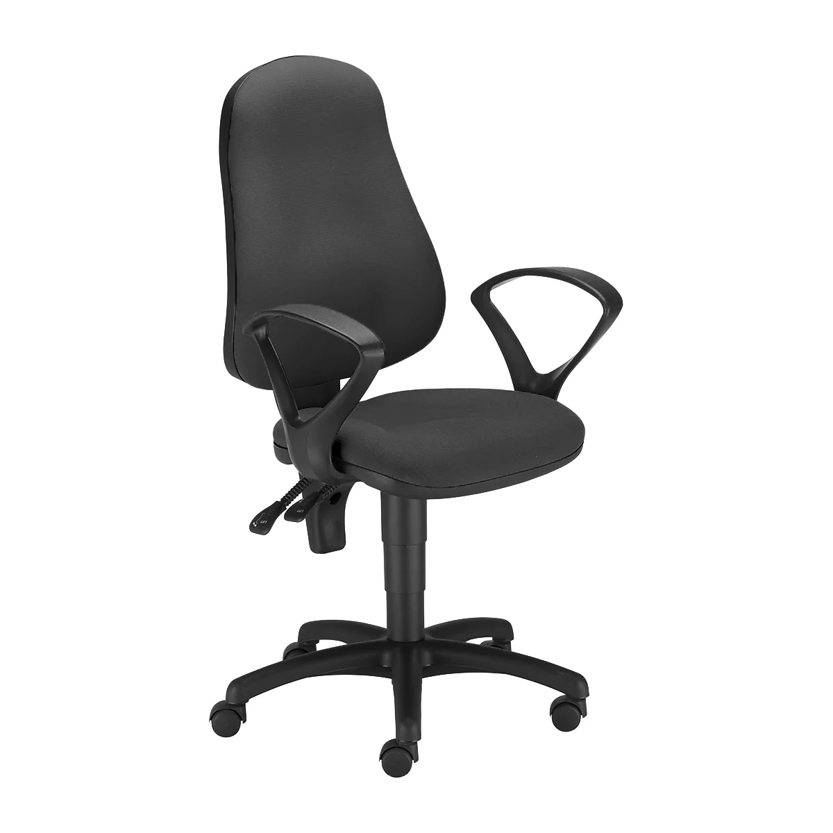 Schwarzer Bürostuhl, ergonomisch geformt. Sitzfläche und Rückenlehne gepolstert, Armlehnen gebogen, auf Rollen.