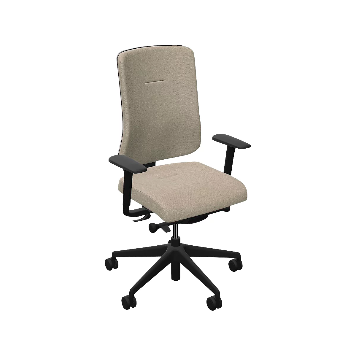 Bürostuhl mit beigem Stoffbezug, schwarzen Armlehnen und Gestell. Der Stuhl steht vor neutralem Hintergrund.