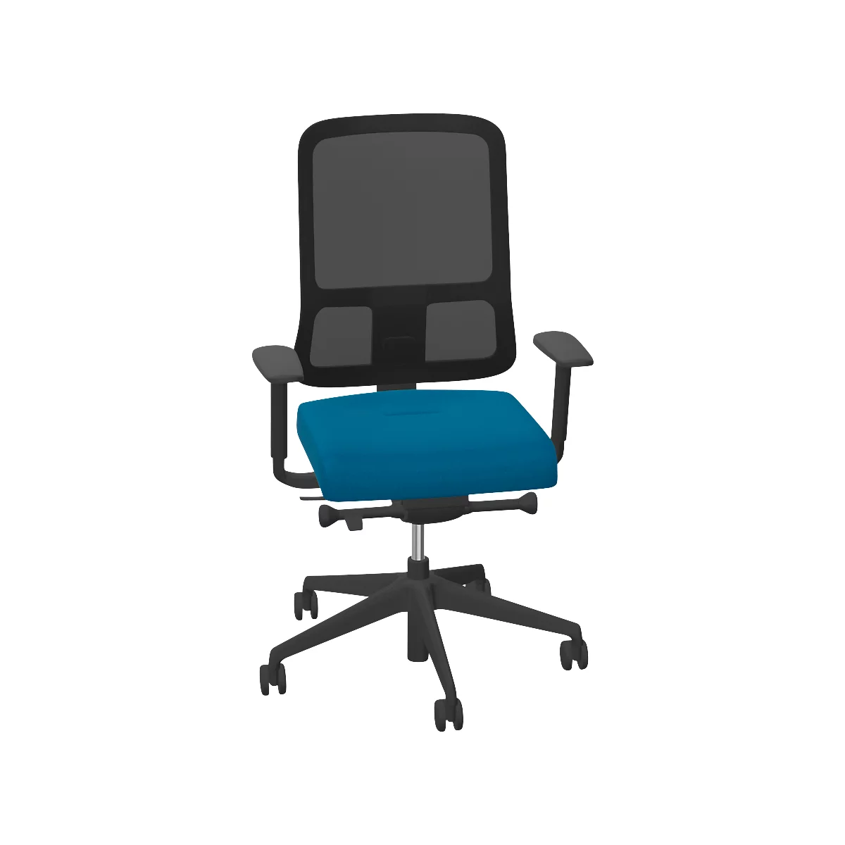 Ein ergonomischer Bürostuhl mit blauem Sitz und schwarzem Netzrücken vor weissem Hintergrund.