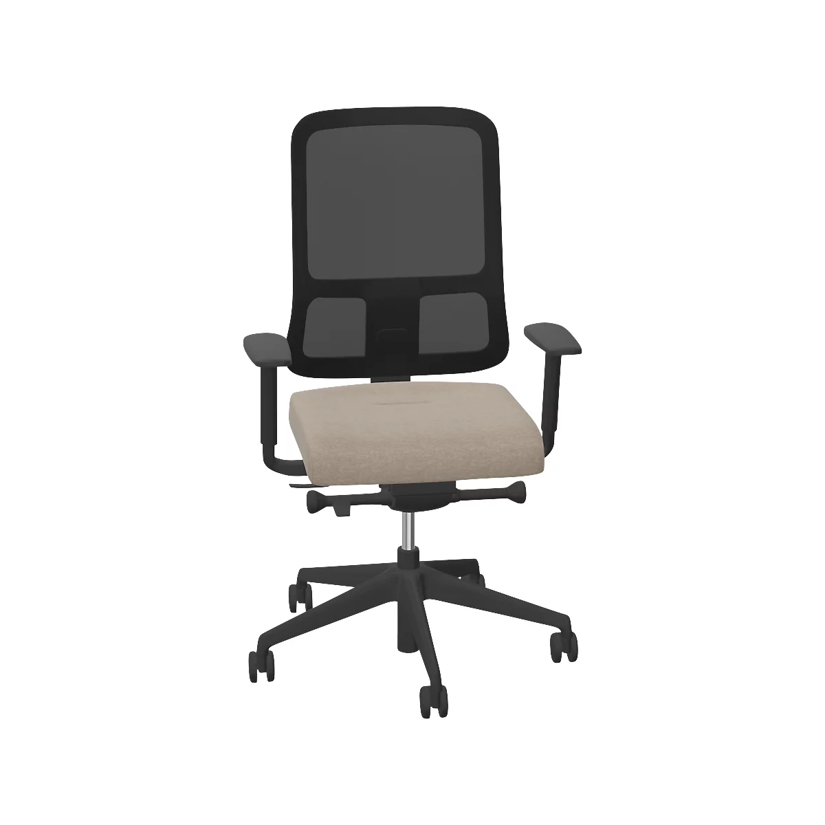Bürostuhl mit schwarzem Gestell, Netzrücken und beigefarbener Sitzfläche. Armlehnen. Rollen.