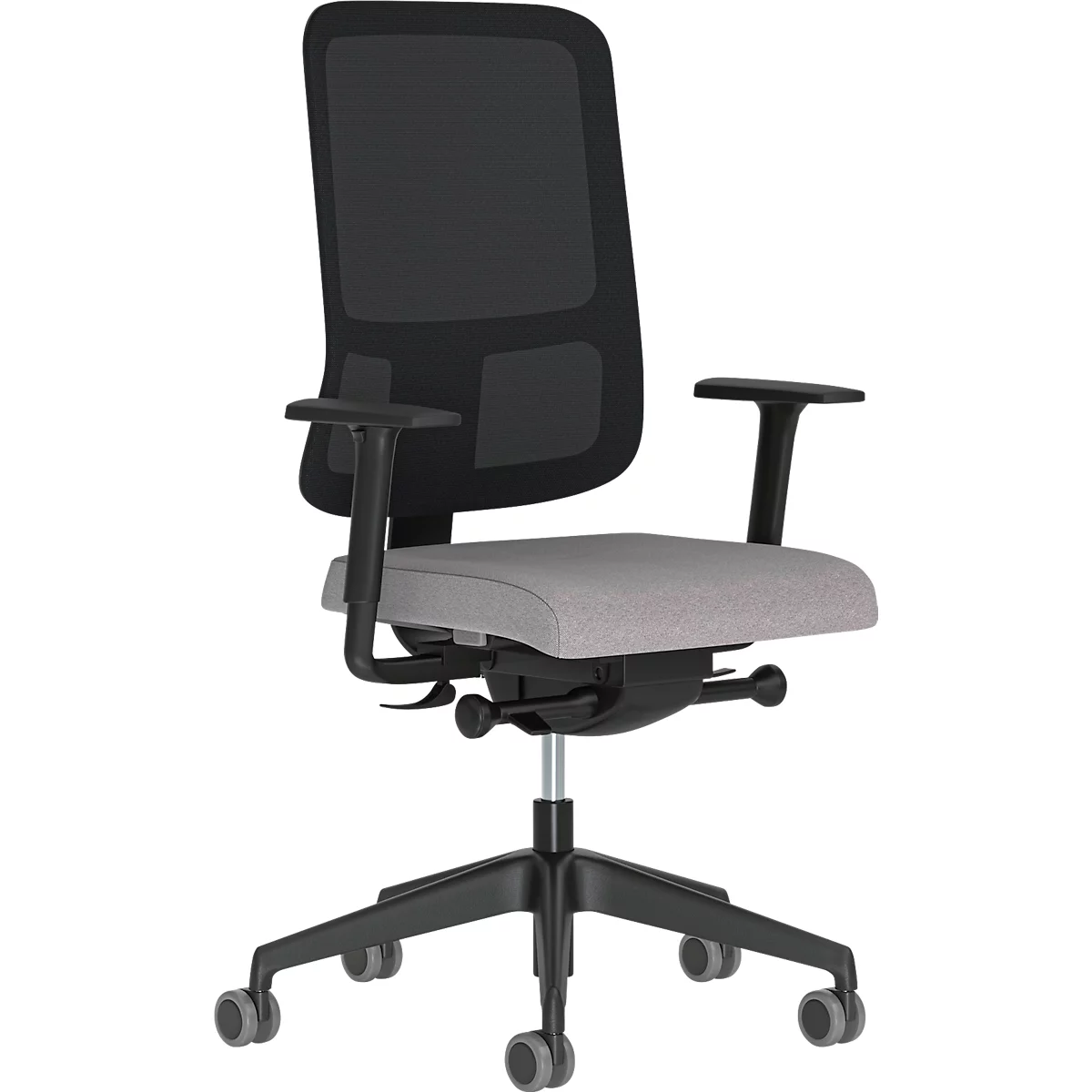 Bürostuhl mit schwarzer Rückenlehne und grauer Sitzfläche. Der Stuhl hat Armlehnen und steht auf Rollen.