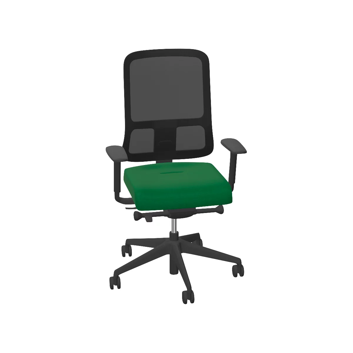 Bürostuhl mit schwarzem Gestell, Rückenlehne und Armlehnen, grüner Sitzfläche. Drehbar, mit Rollen.