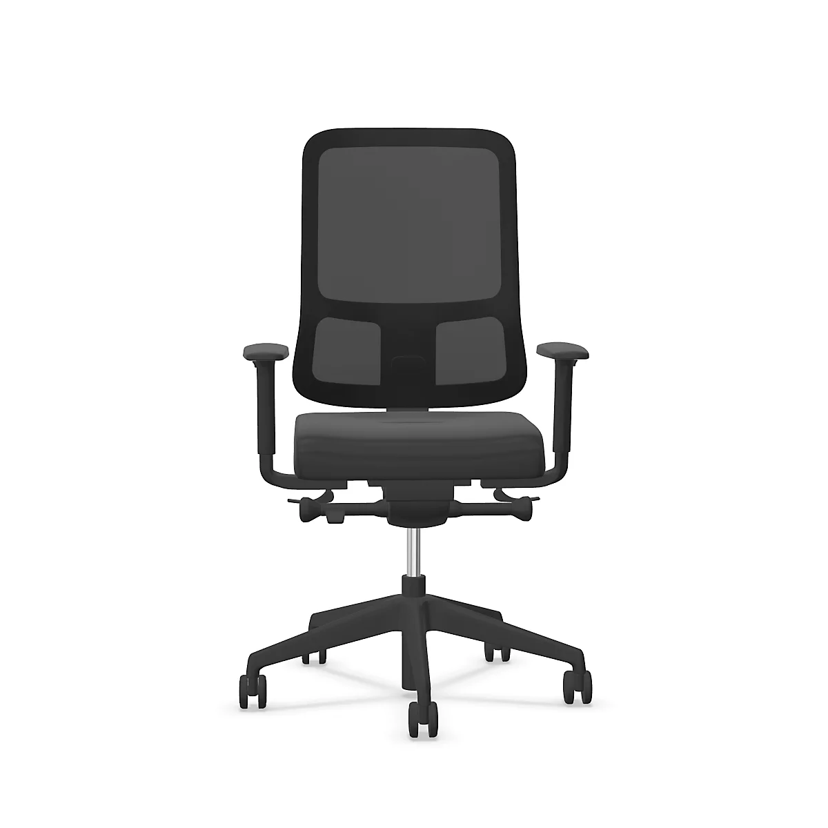 Schwarzer Bürostuhl mit Netzrücken und Armlehnen, vor weissem Hintergrund.