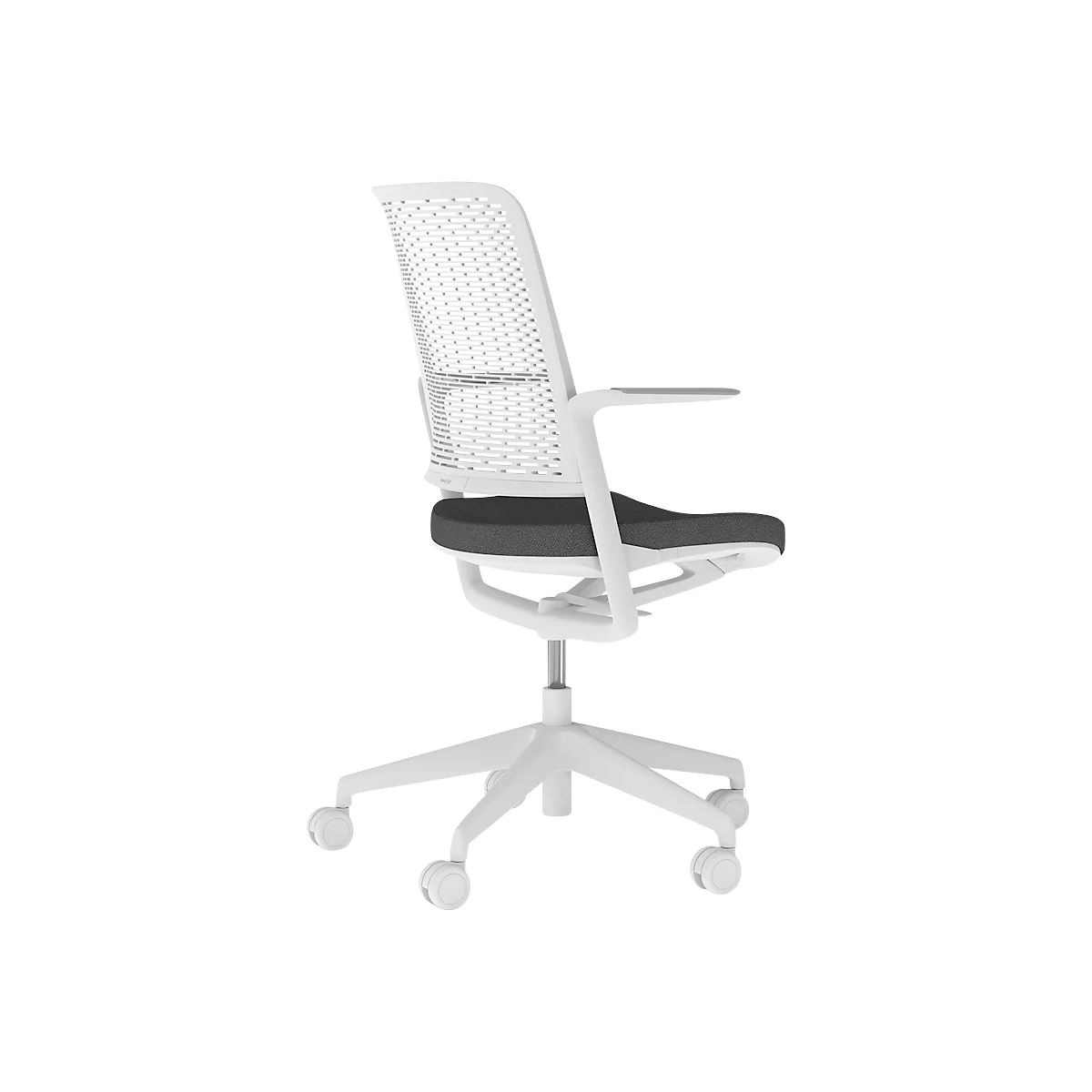 Witte bureaustoel met mesh rug en grijze zitting, staat op wieltjes.