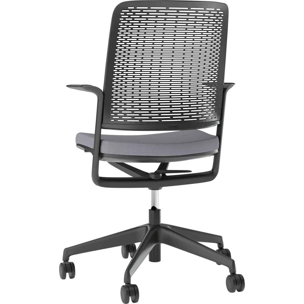 Zwarte bureaustoel, grijze zitting, mesh rug, wielen.