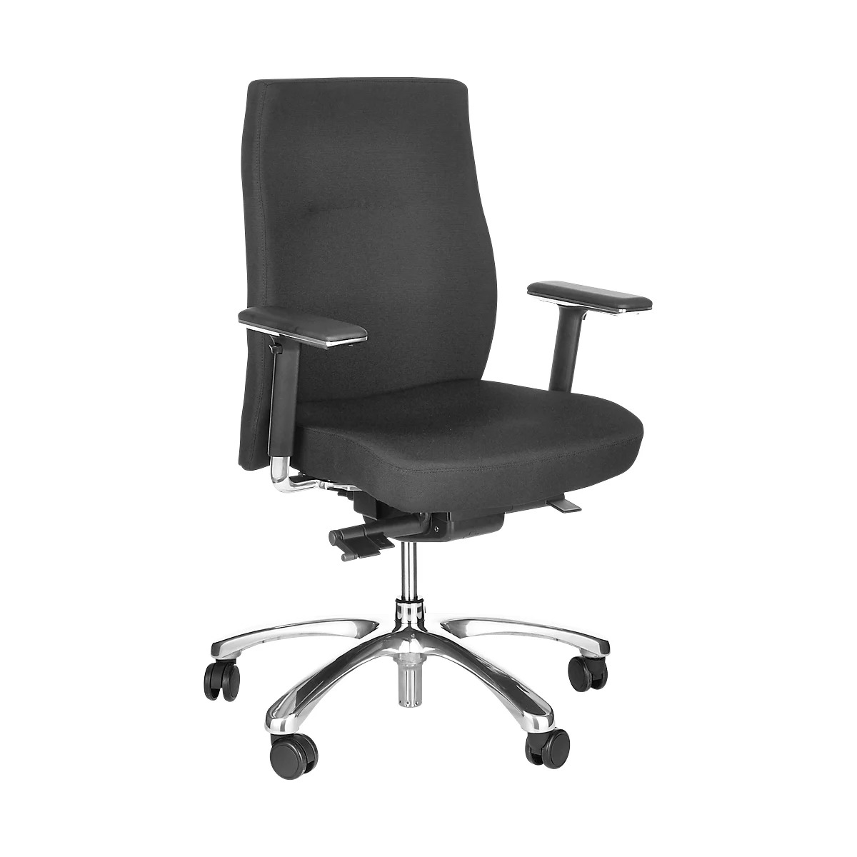 Schwarzer Bürostuhl, ergonomisch geformt, mit Armlehnen und Rollen.