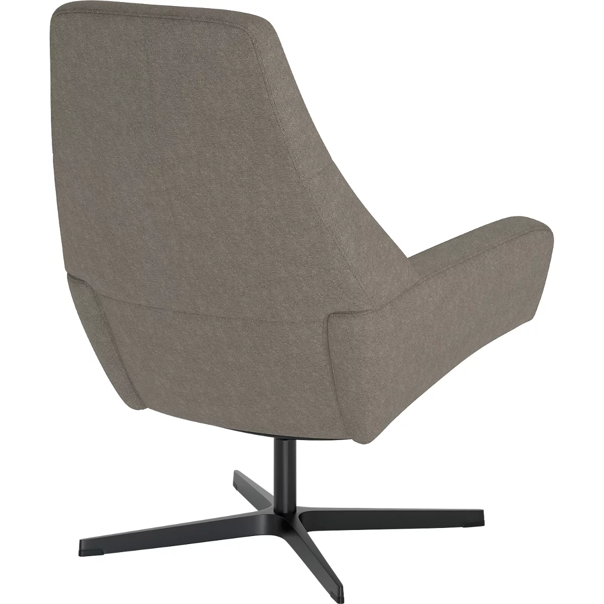 Grijze stoffen fauteuil met zwart vierpotig draaionderstel, achteraanzicht tegen een witte achtergrond.