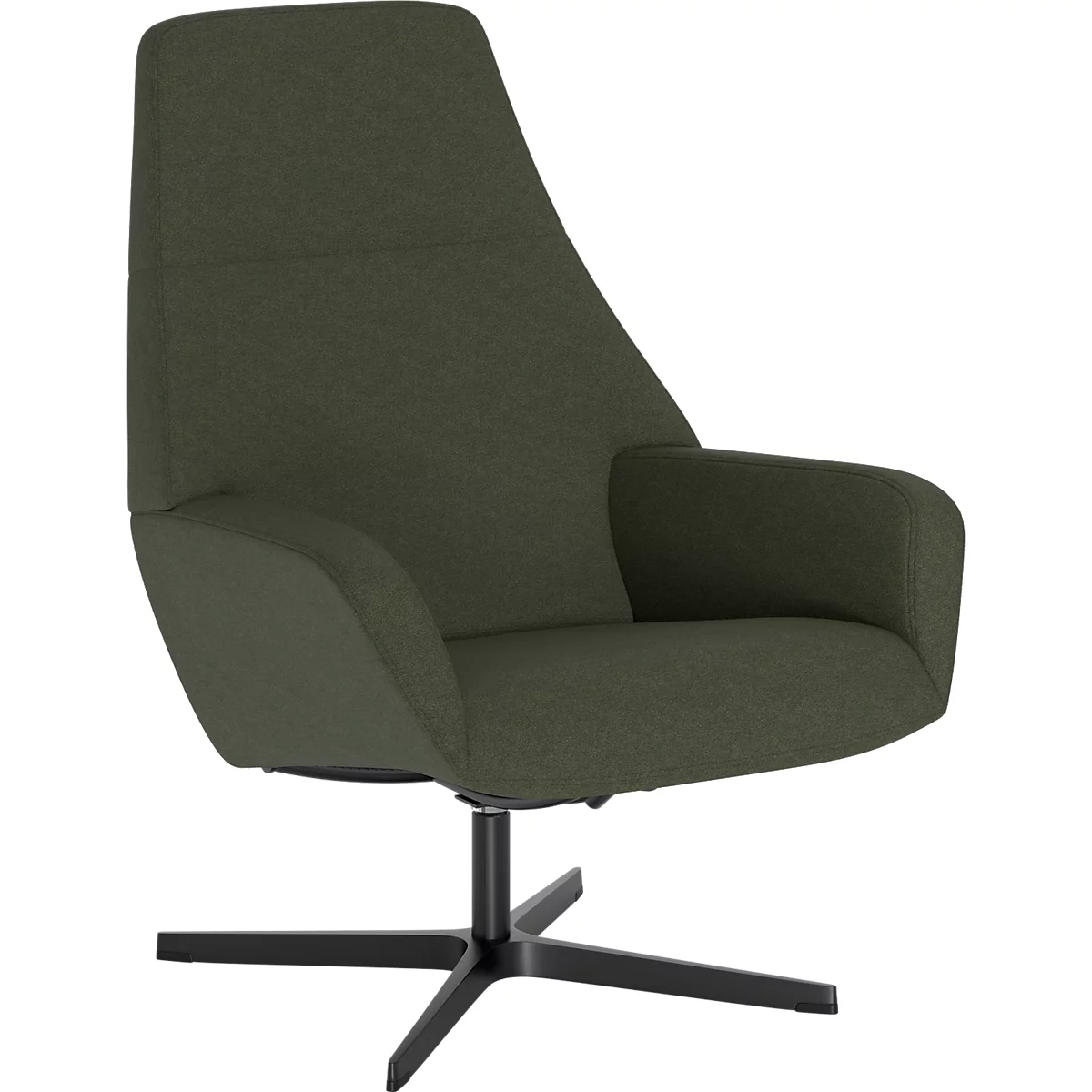 Moderne olijfgroene fauteuil met hoge rugleuning op een zwarte stervoet.