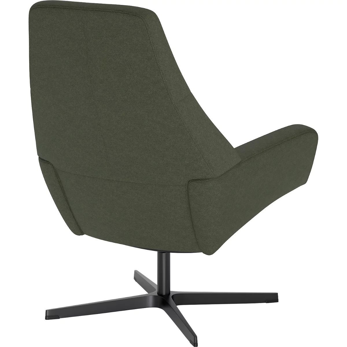 Donkergroene gestoffeerde fauteuil met hoge rugleuning op een zwart vierpotig draaibaar onderstel tegen een witte achtergrond.
