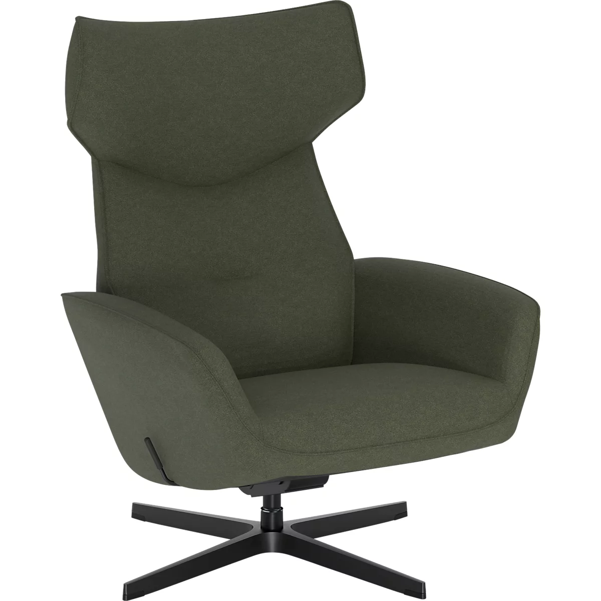 Moderne olijfgroene fauteuil met hoge rugleuning op een zwart draaionderstel.