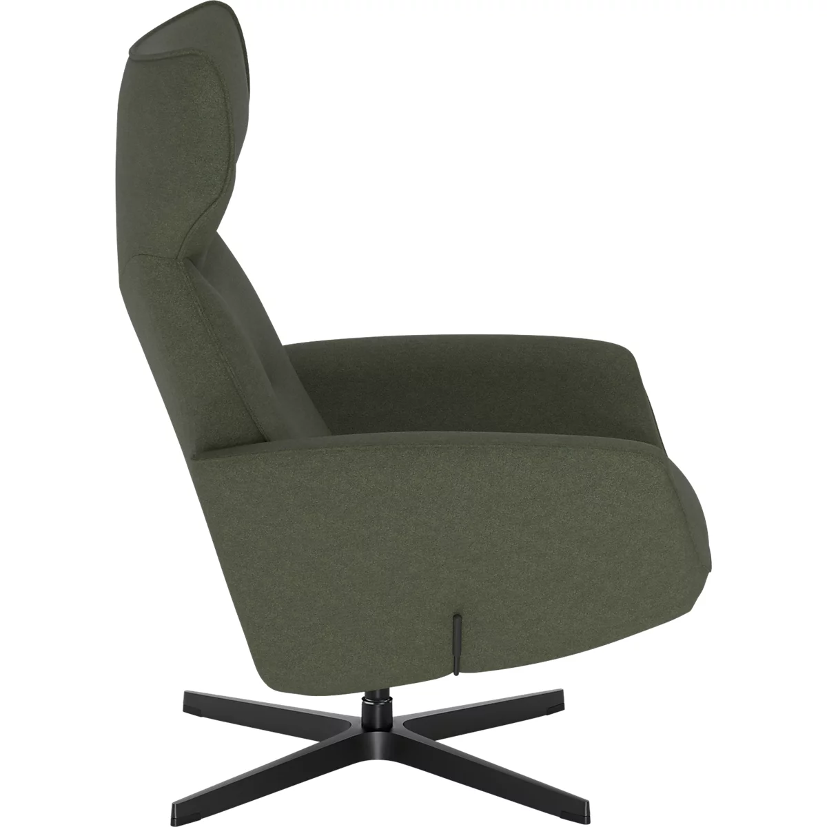 Olijfgroene oorfauteuil met hoge rugleuning op een zwart vierpotig draaionderstel.