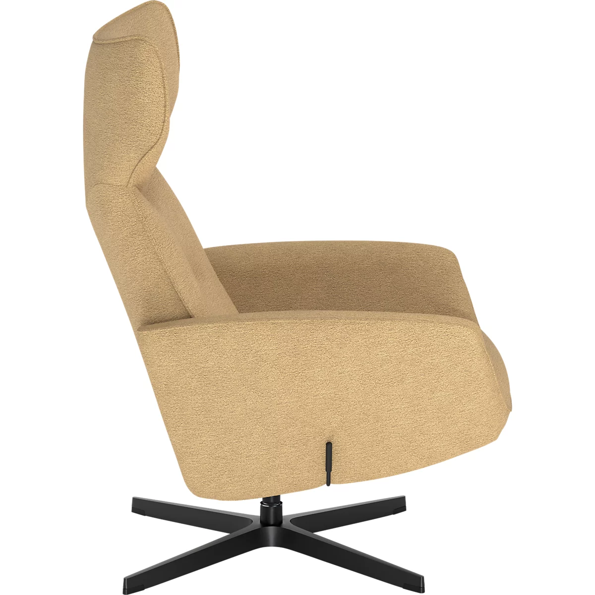 Beige oorfauteuil met een hoge rugleuning en een zwart stervormig onderstel, zijaanzicht.