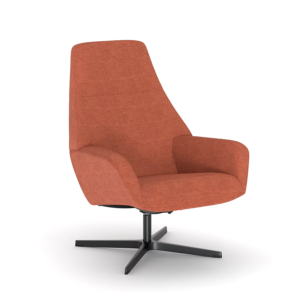 Ein orangefarbener Sessel mit einer schwarzen Basis, der vor weißem Hintergrund steht.