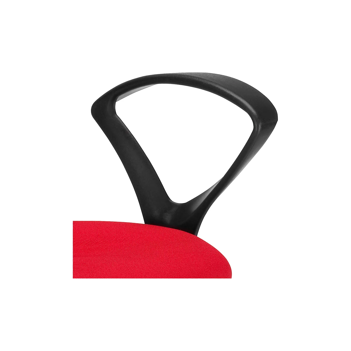 Schwarze Stuhllehne mit roter Sitzfläche. Der obere Teil der Lehne ist geschlossen, der untere Teil offen.