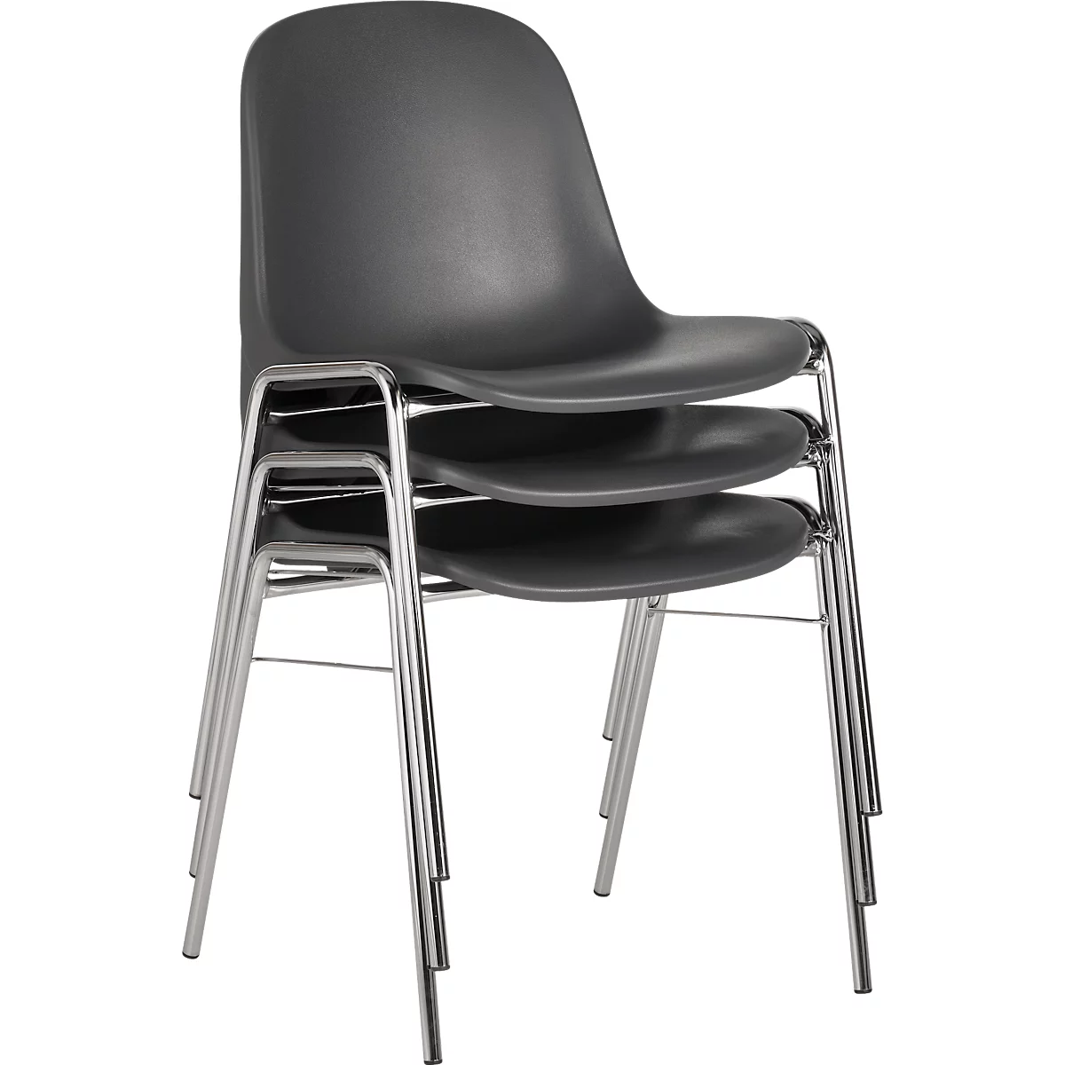 Drei stapelbare Stühle in Anthrazit. Die Sitzflächen sind aus Kunststoff, die Beine aus Metall.