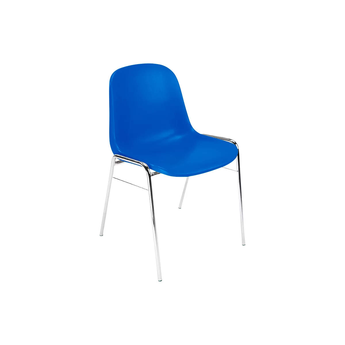 Blauer Stuhl mit Chromgestell, in leichter Schrägansicht.