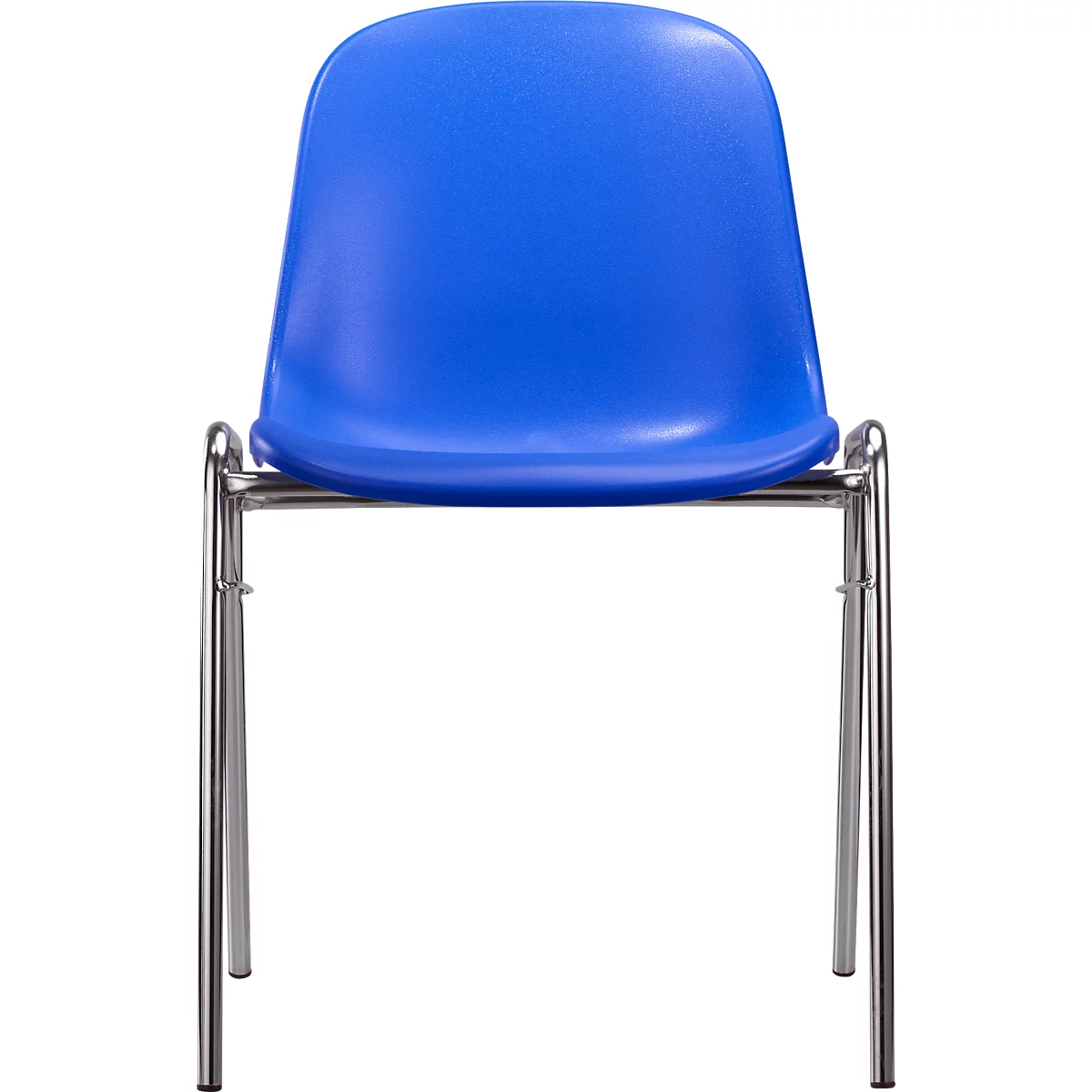 Blauer Stuhl mit Metallgestell auf weißem Hintergrund.