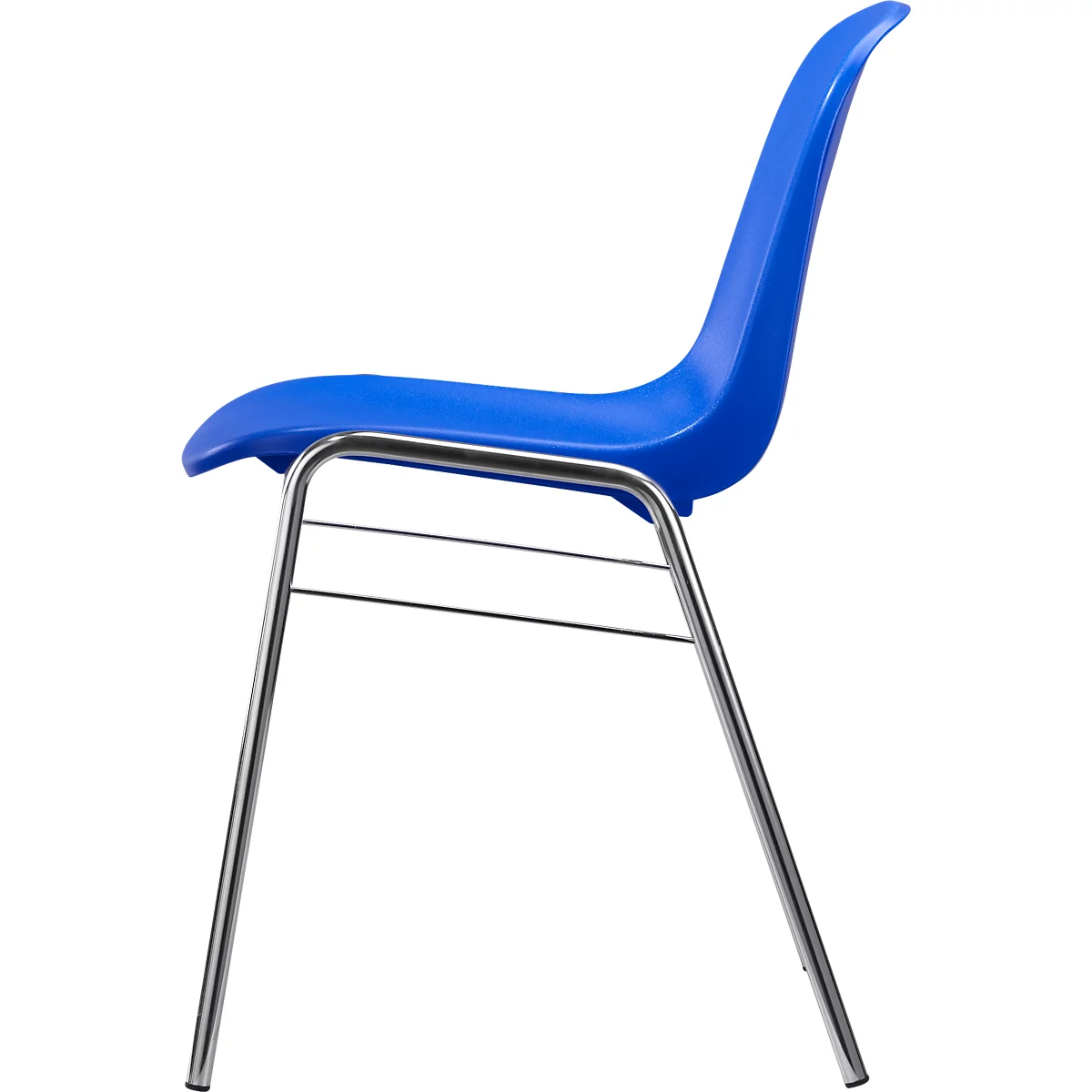 Blauer Stuhl im Profil, geschwungene Sitzfläche, verchromtes Gestell.