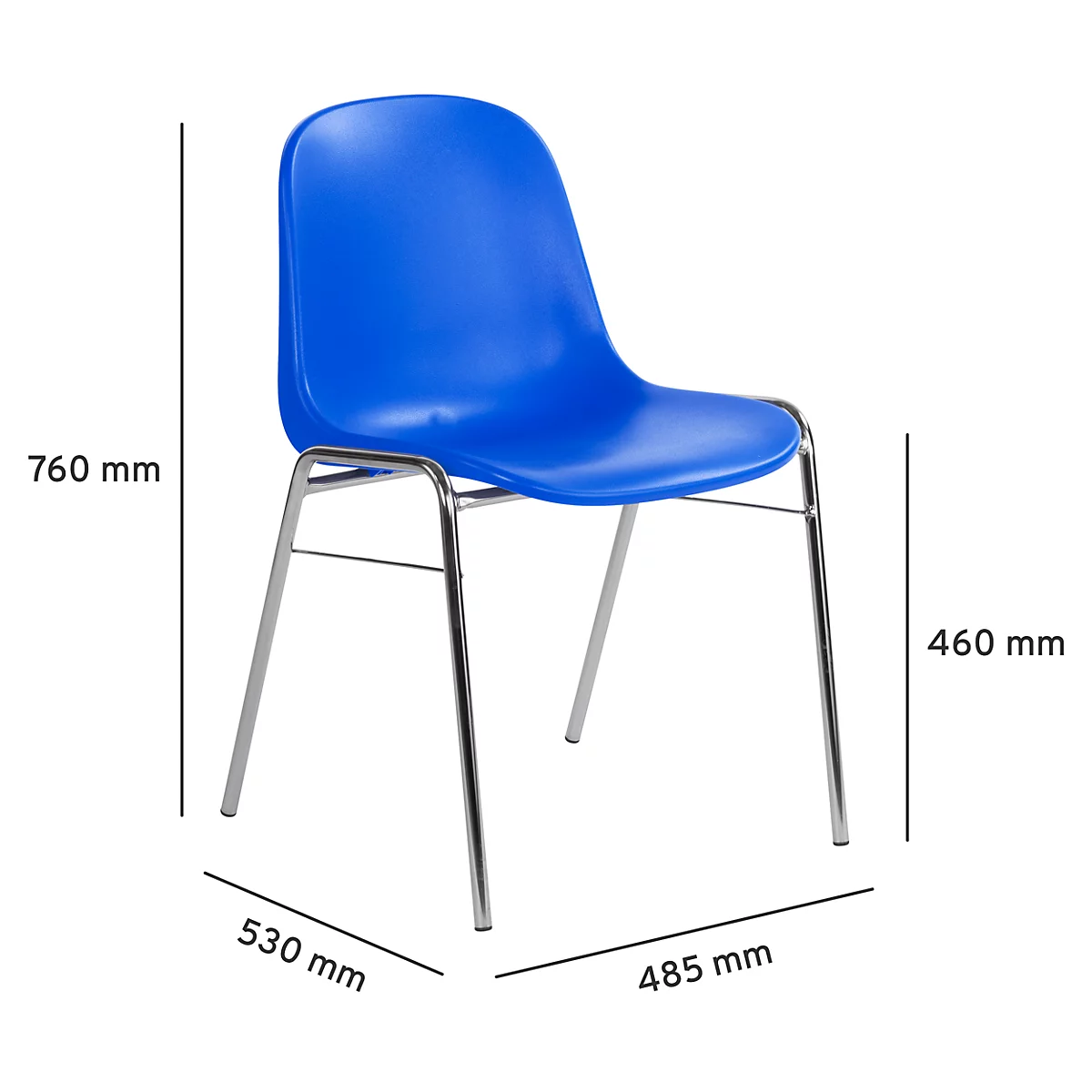 Blauer Stuhl mit verchromten Beinen und Größenangaben in mm.