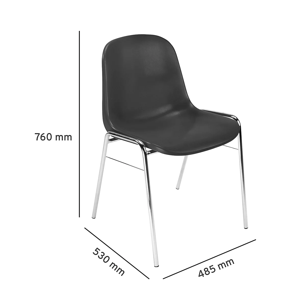 Schwarzer Stuhl, silberne Beine, Maße: 760 x 530 x 485 mm.