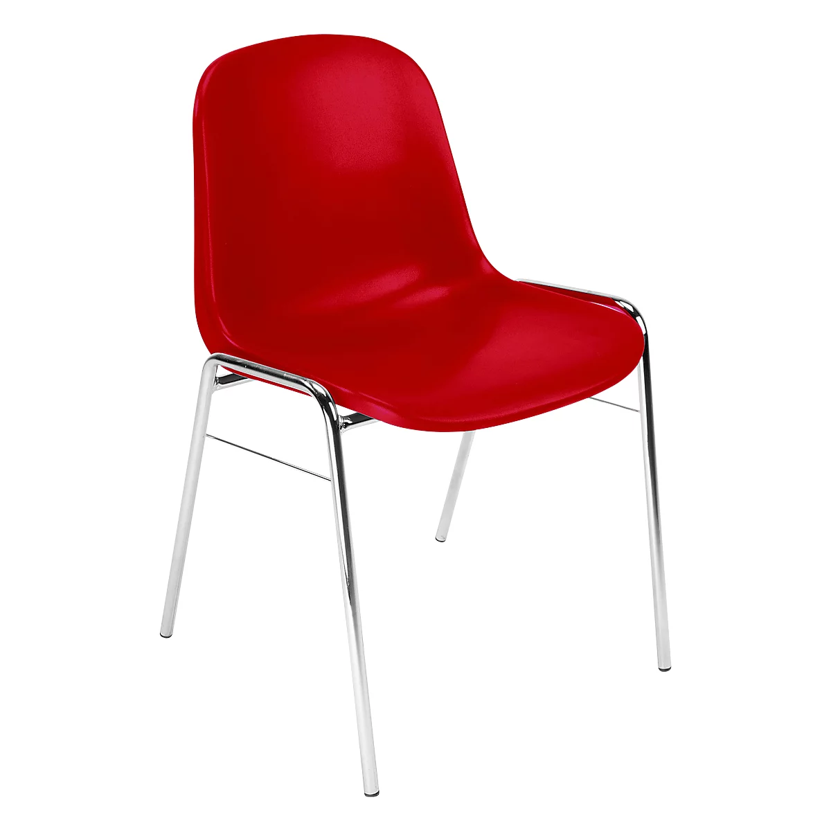 Roter Stuhl mit verchromten Beinen. Der Sitz und die Rückenlehne sind aus glänzendem Kunststoff.