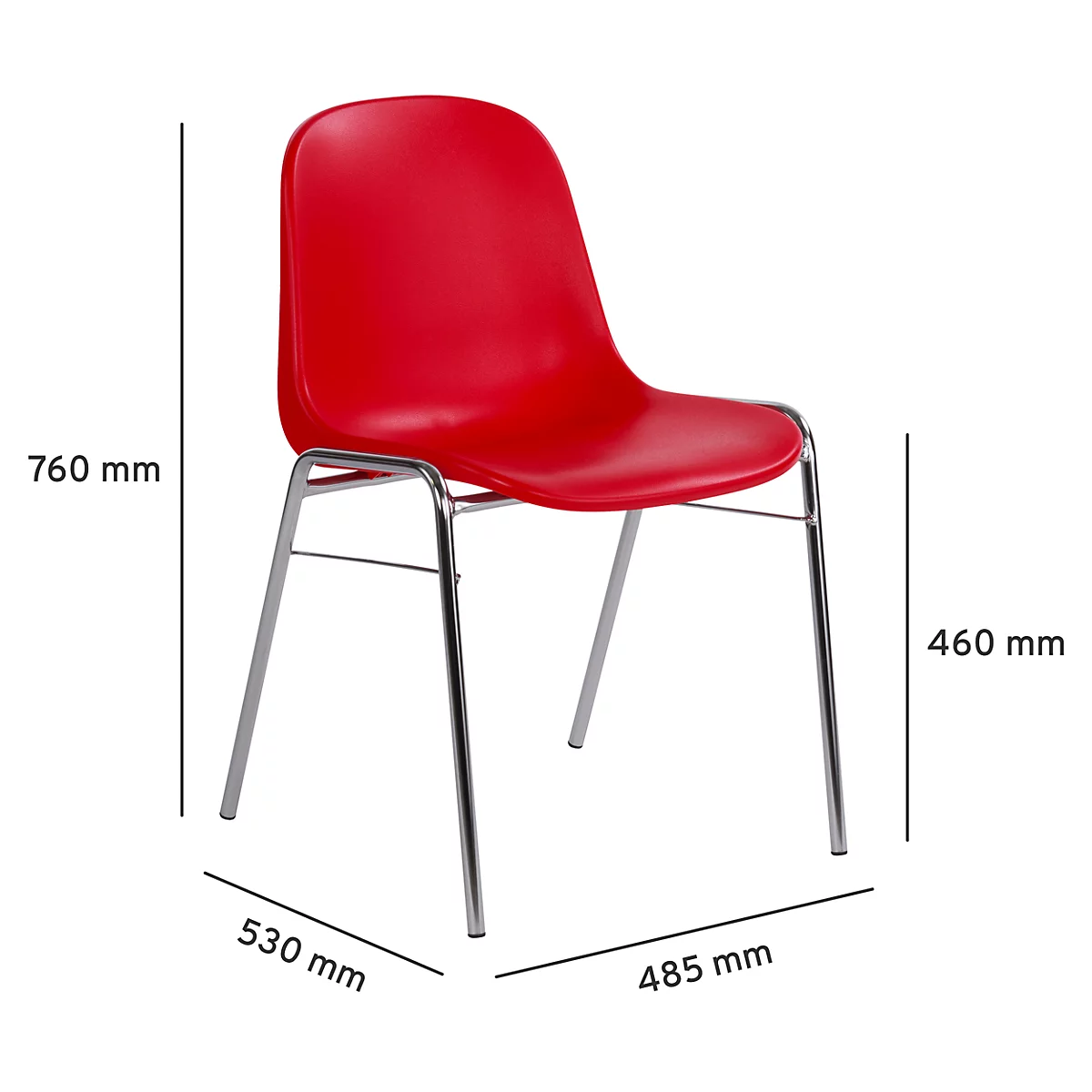 Roter Stuhl mit silbernen Beinen. Maße: 760 mm hoch, 460 mm Sitzhöhe, 530 mm breit, 485 mm tief.