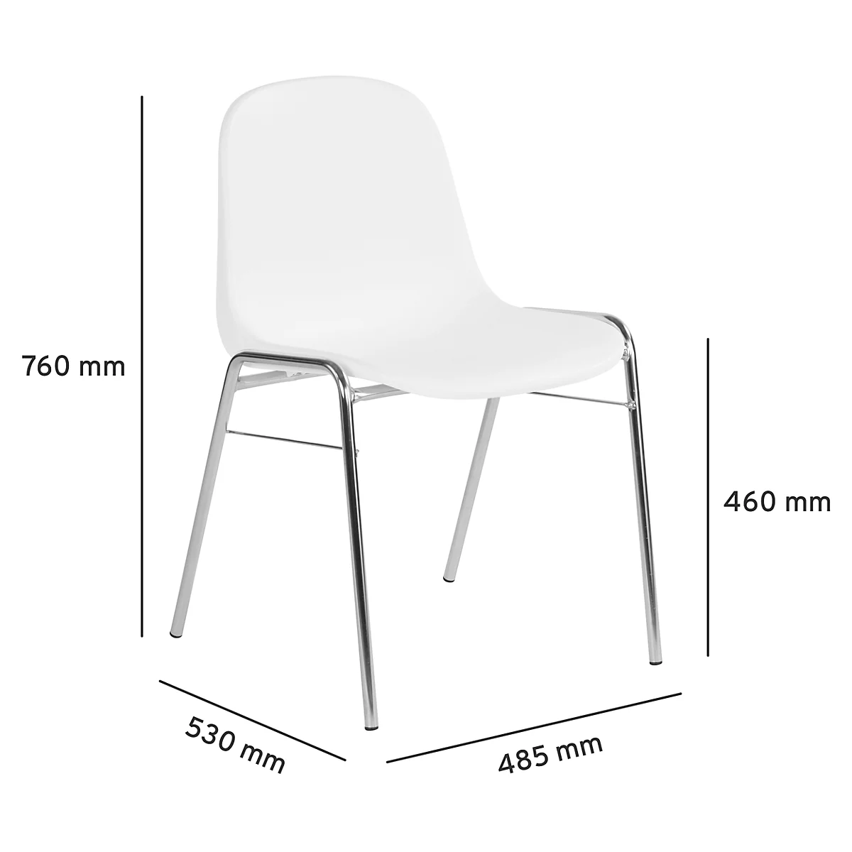 Weißer Stuhl, verchromtes Gestell, mit Maßen. Höhe: 760 mm, Sitzhöhe: 460 mm, Breite: 530 mm, Tiefe: 485 mm.