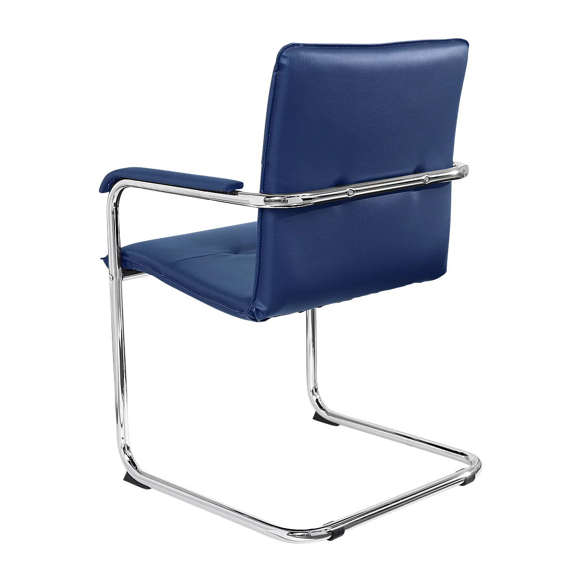Blauer Freischwinger Bürostuhl. Sitzfläche, Rückenlehne und Armlehnen sind gepolstert. Das Gestell ist verchromt.