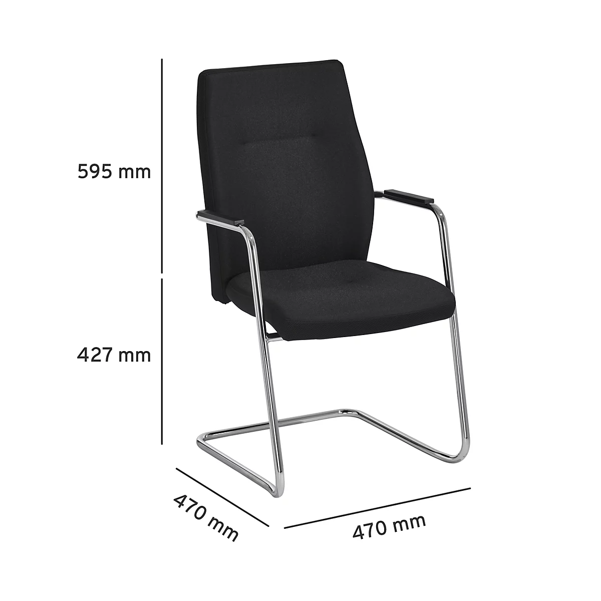 Schwarzer Freischwinger-Stuhl mit verchromtem Gestell. Maße: 470 x 470 x 595 mm.