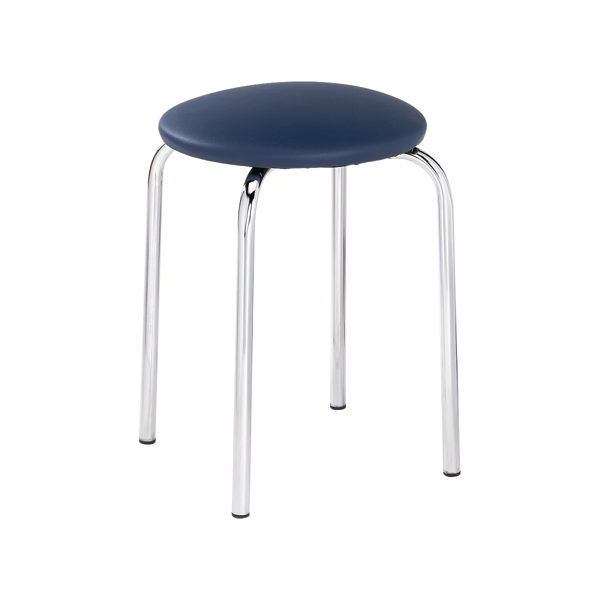Runder Hocker mit blauer Sitzfläche und verchromten Beinen. Auf weißem Hintergrund.