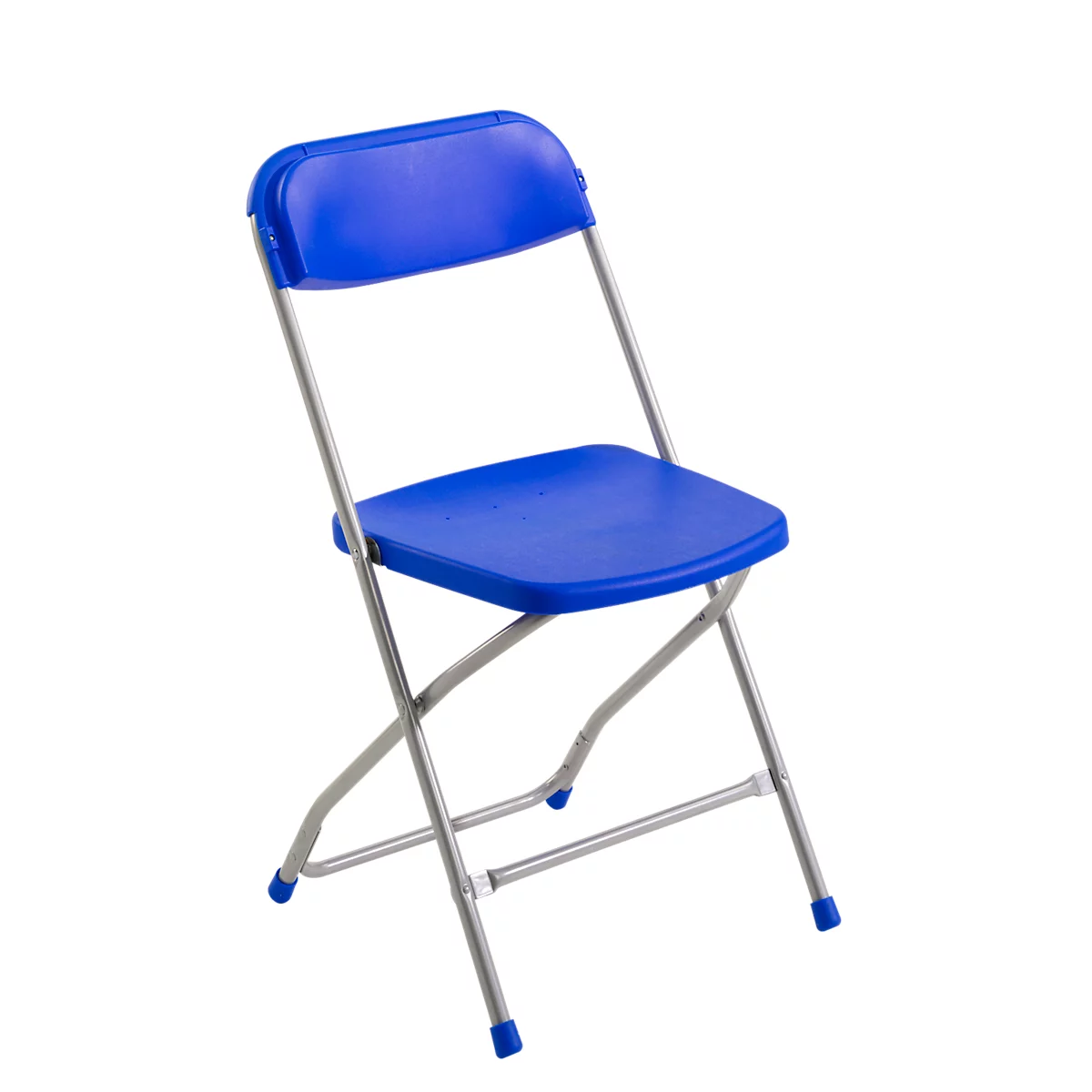 Blauer Klappstuhl vor weißem Hintergrund. Der Stuhl hat eine Sitzfläche und Rückenlehne aus Kunststoff, sowie ein Gestell aus Metall.