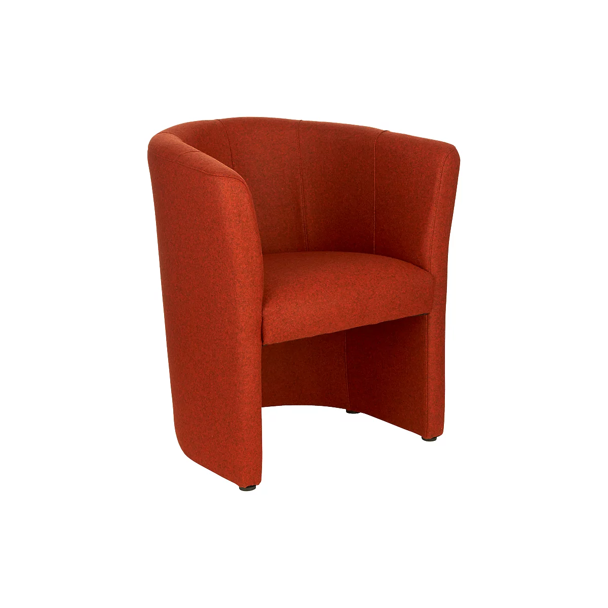 Ein roter, ohrenförmiger Sessel, der leicht nach hinten geneigt ist. Der Stoff des Sessels ist grob strukturiert.
