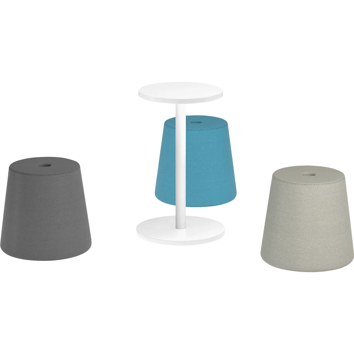 Grijze, turquoise en beige krukken, plus een witte tafel met een turquoise kruk.
