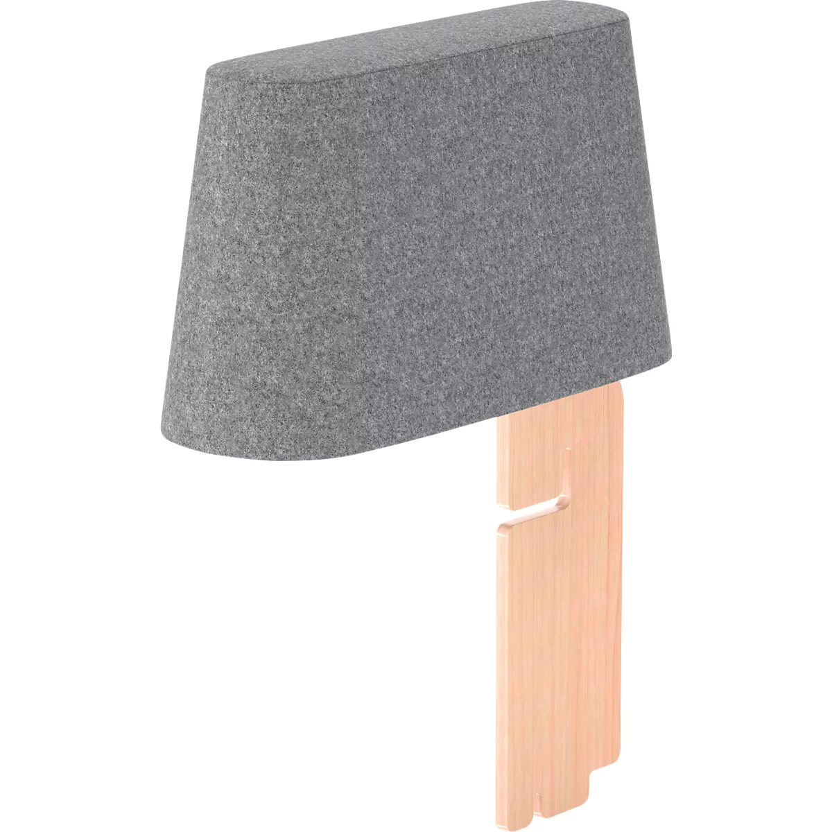 Grauer, kegelförmiger Lampenschirm aus Filz, der auf einer Holzhalterung befestigt ist.