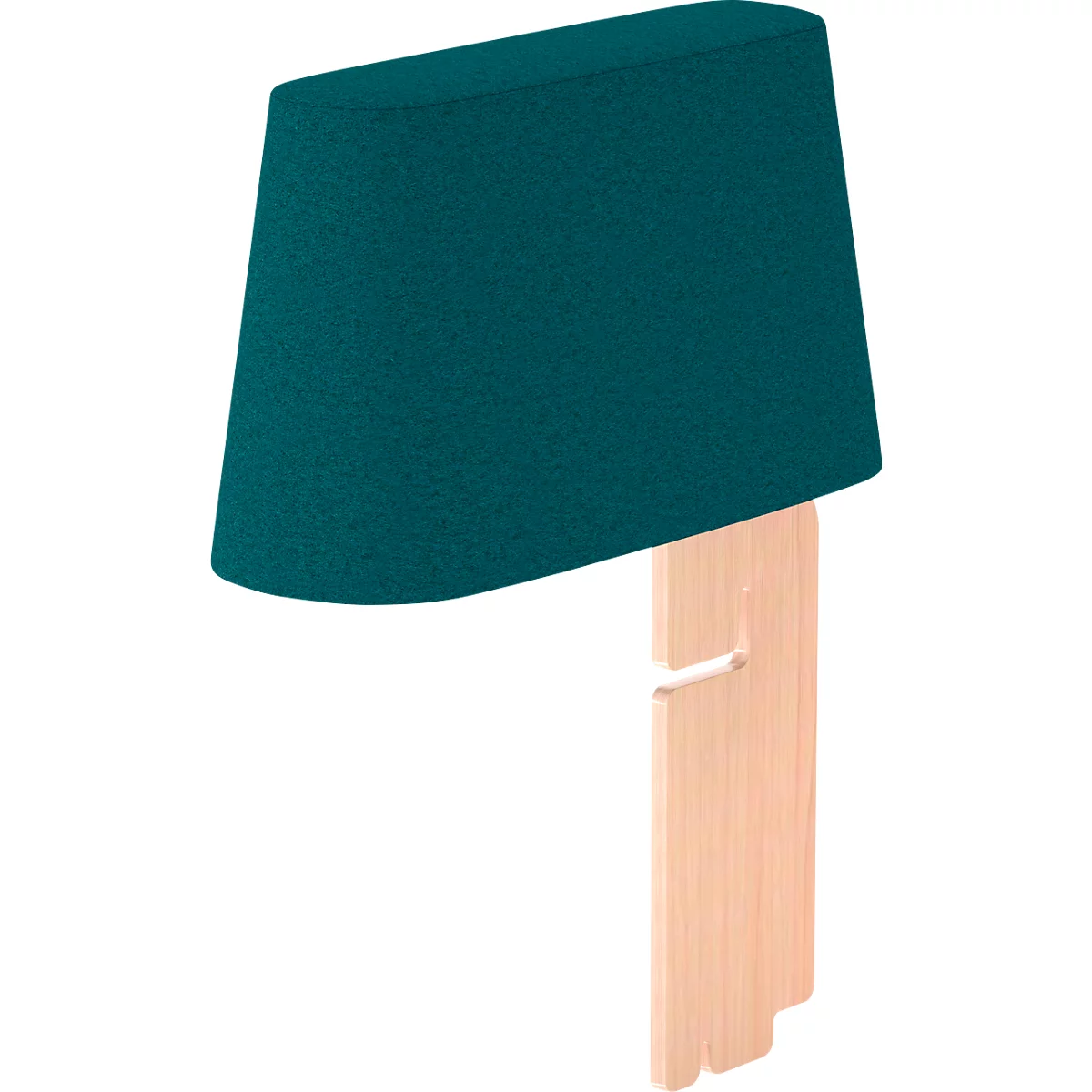 Eine moderne Tischleuchte mit grünem Lampenschirm und Holzfuß. Der Schirm hat eine konische Form.