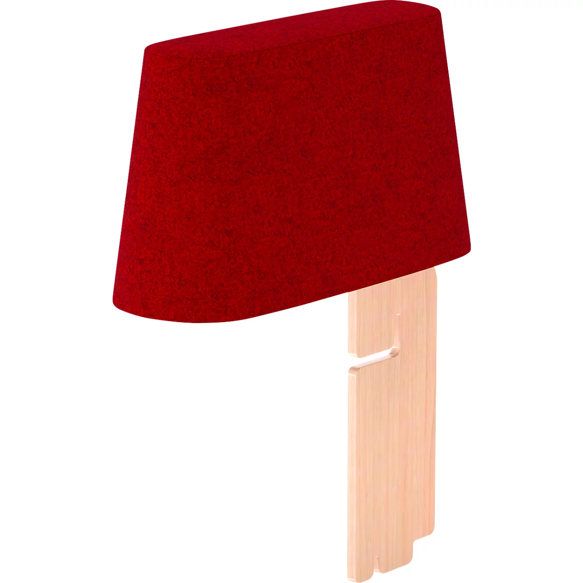 Roter Lampenschirm, trapezförmig, mit hellem Holzfuß.
