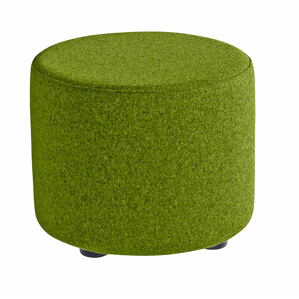 Runder, grüner Hocker mit Stoffbezug. Drei dunkle Füße sind unter dem Hocker zu sehen.