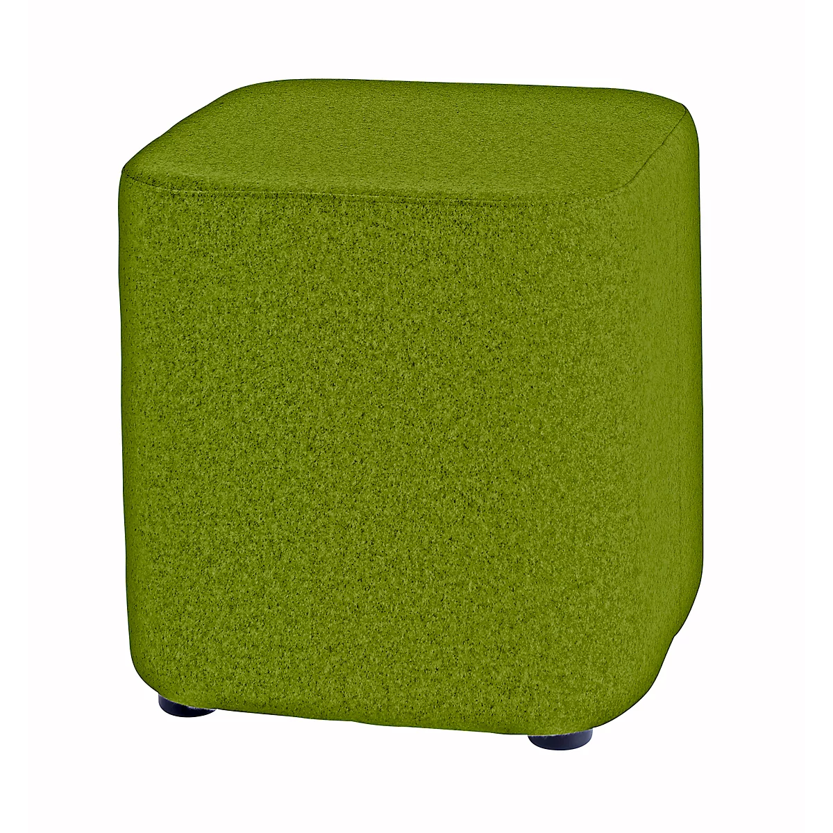 Ein grüner, quadratischer Hocker mit abgerundeten Kanten und kleinen schwarzen Füßen.