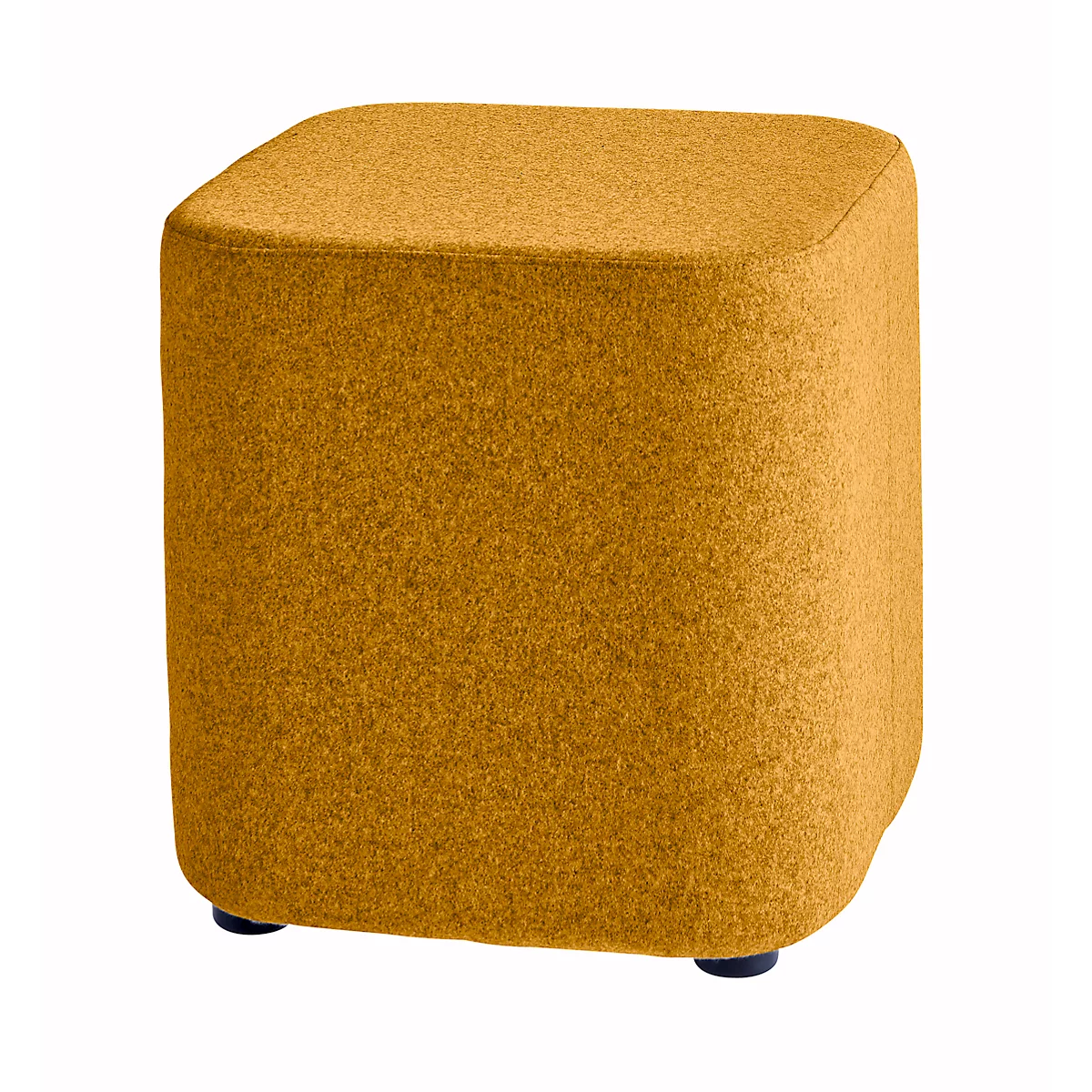 Gelber, quadratischer Hocker mit abgerundeten Kanten und Füßen.