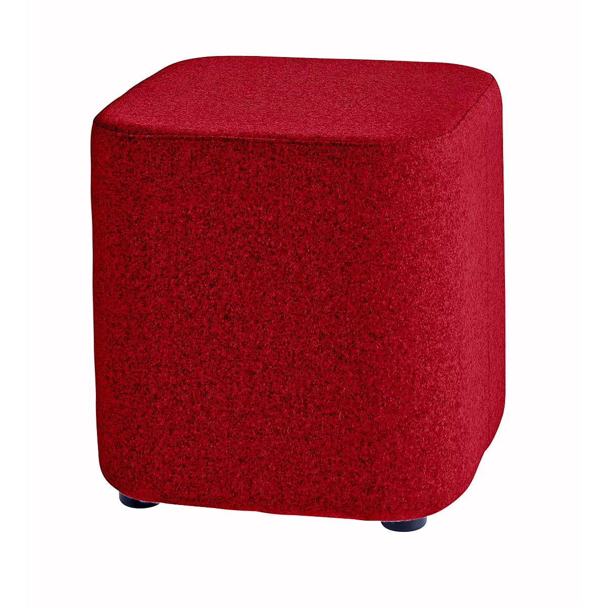 Roter, quadratischer Hocker mit abgerundeten Kanten und vier kleinen, schwarzen Füßen.