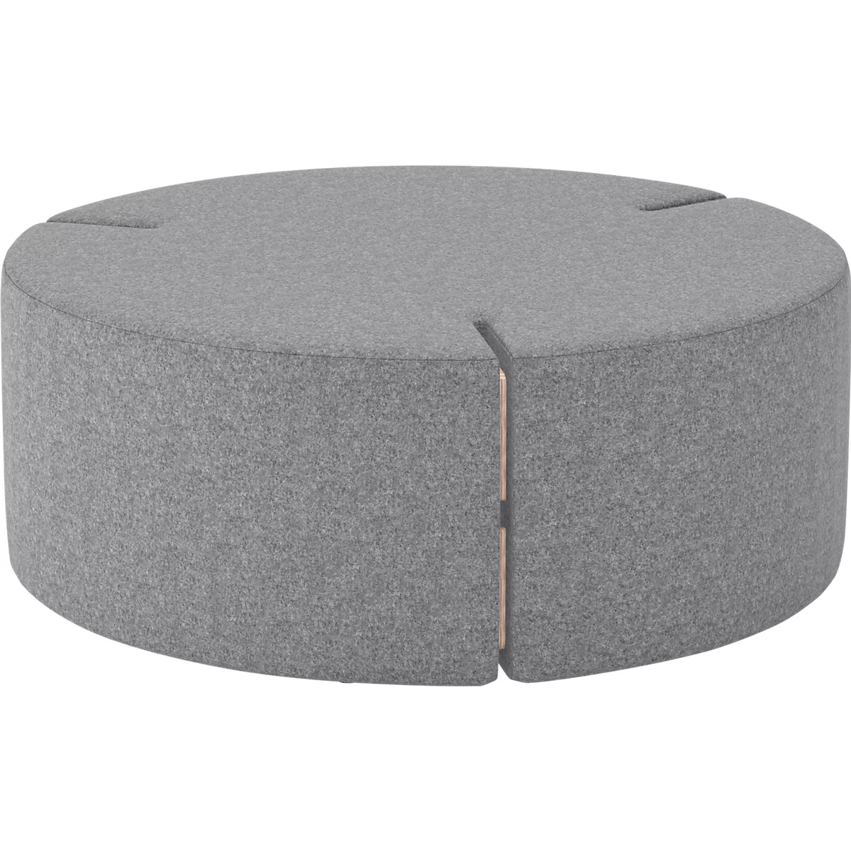 Runder, grauer Hocker mit Aussparungen und hellem Holz in den Zwischenräumen.
