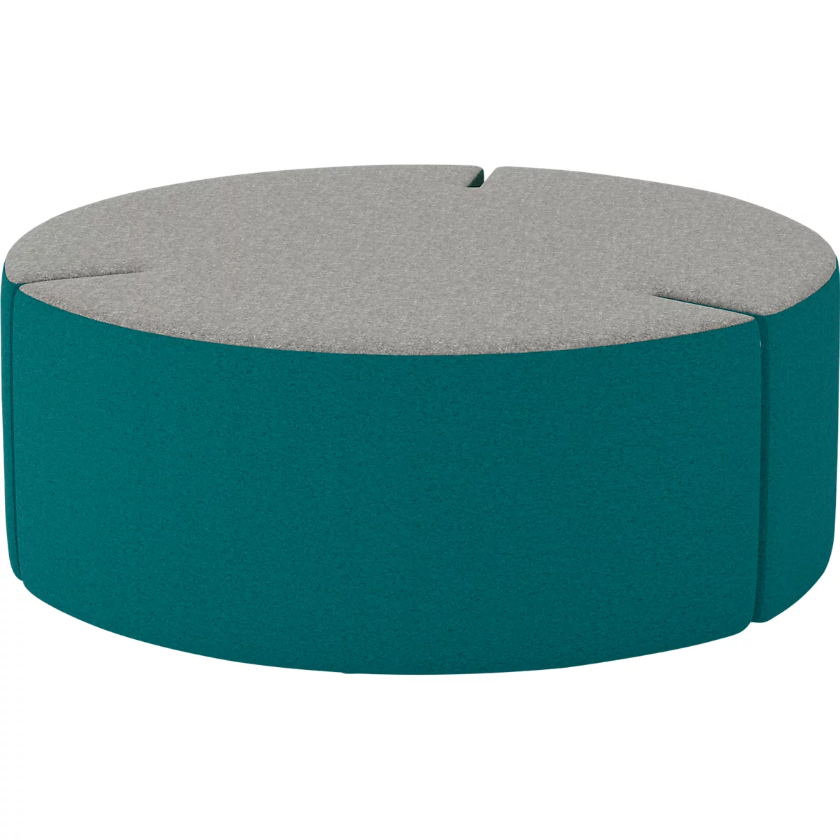 Runder Hocker mit grauem Sitz und türkisfarbenem Korpus. Zwei Schlitze im Sitz.
