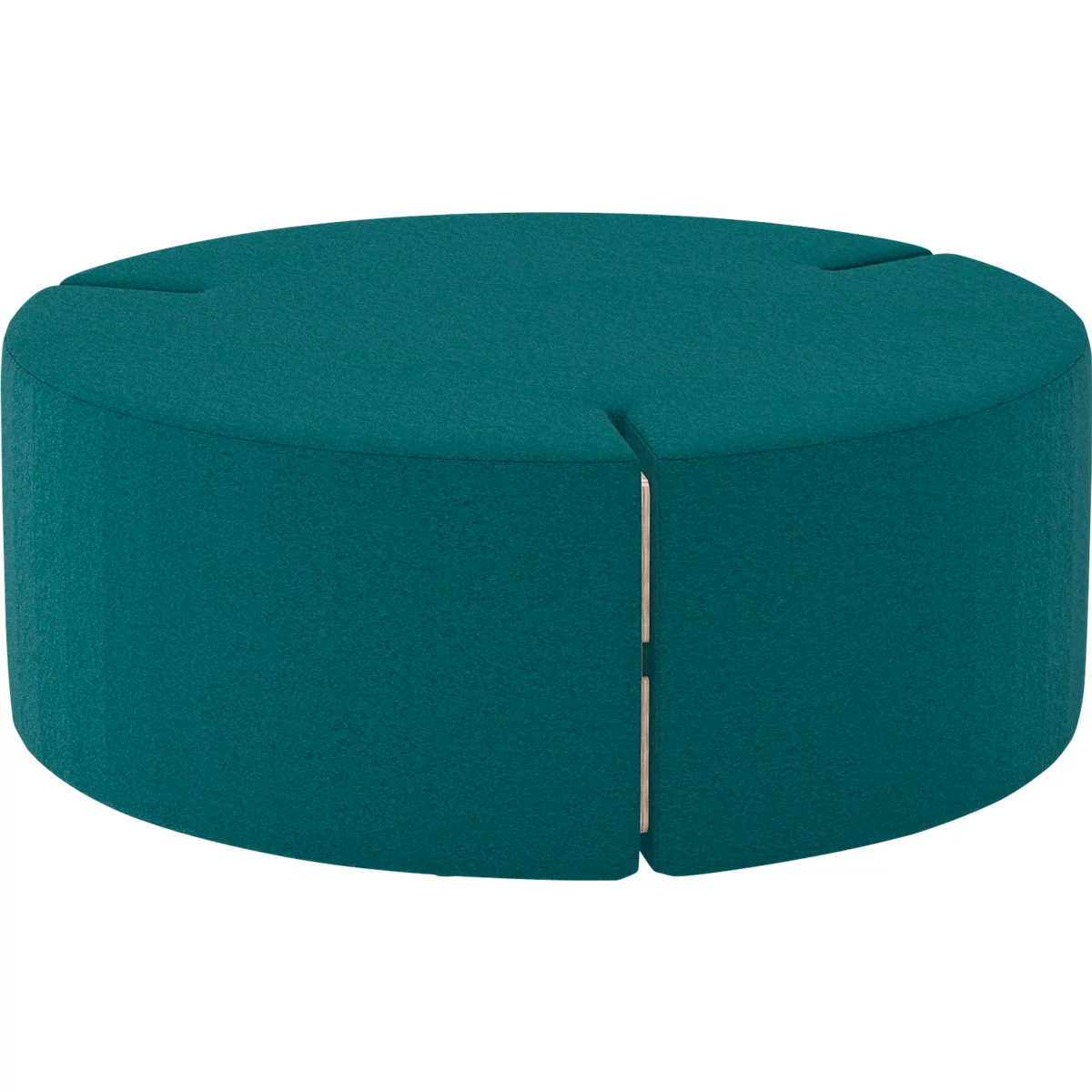 Runder, türkisblauer Hocker mit zwei geraden, hellen Einschnitten.