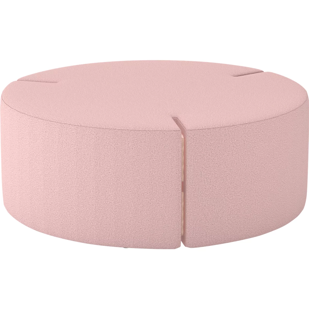 Ein rosafarbener, runder Hocker mit einem Spalt. Der Hocker hat eine textile Oberfläche.