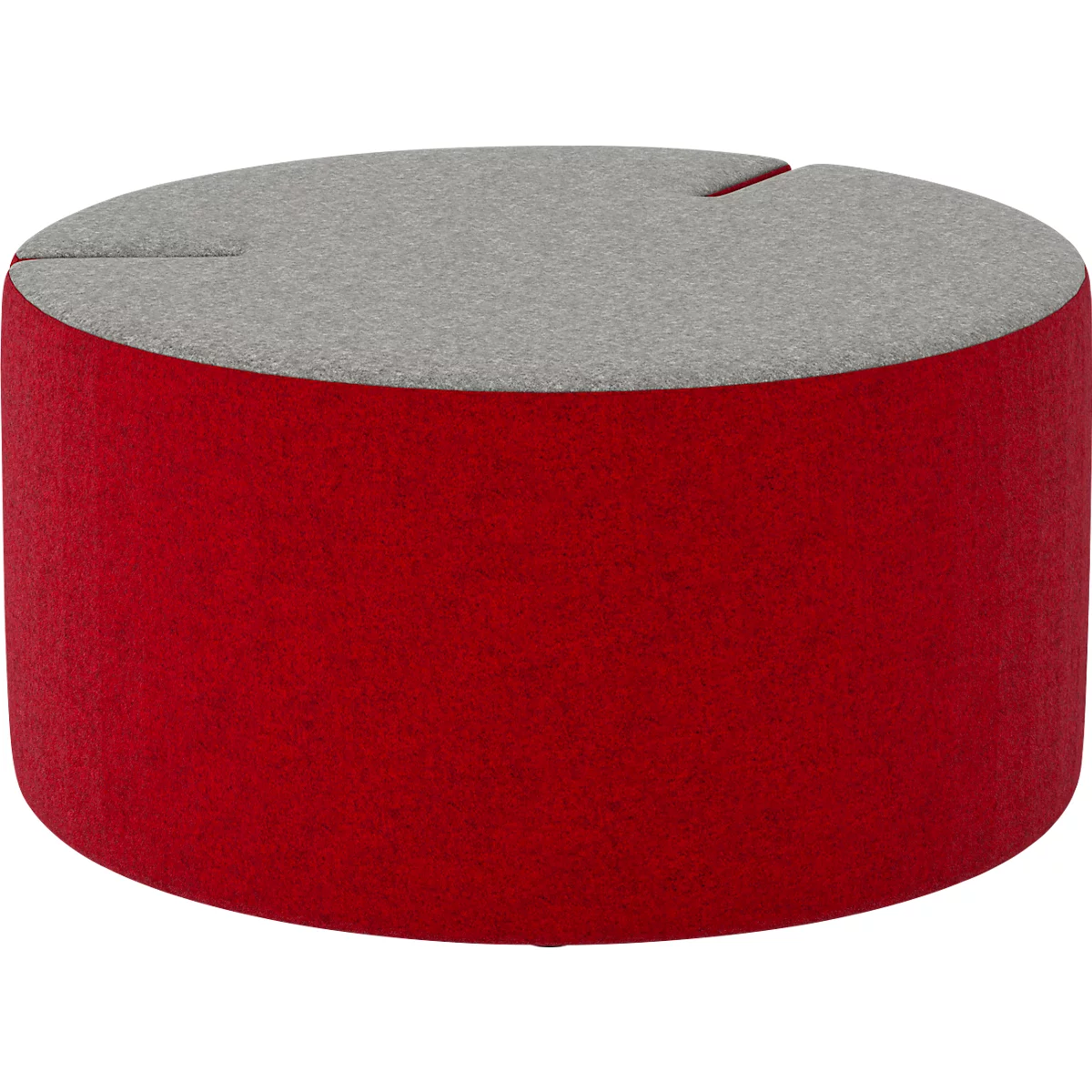 Runder, roter Hocker mit grauem Sitzkissen. Oben eine Nut.