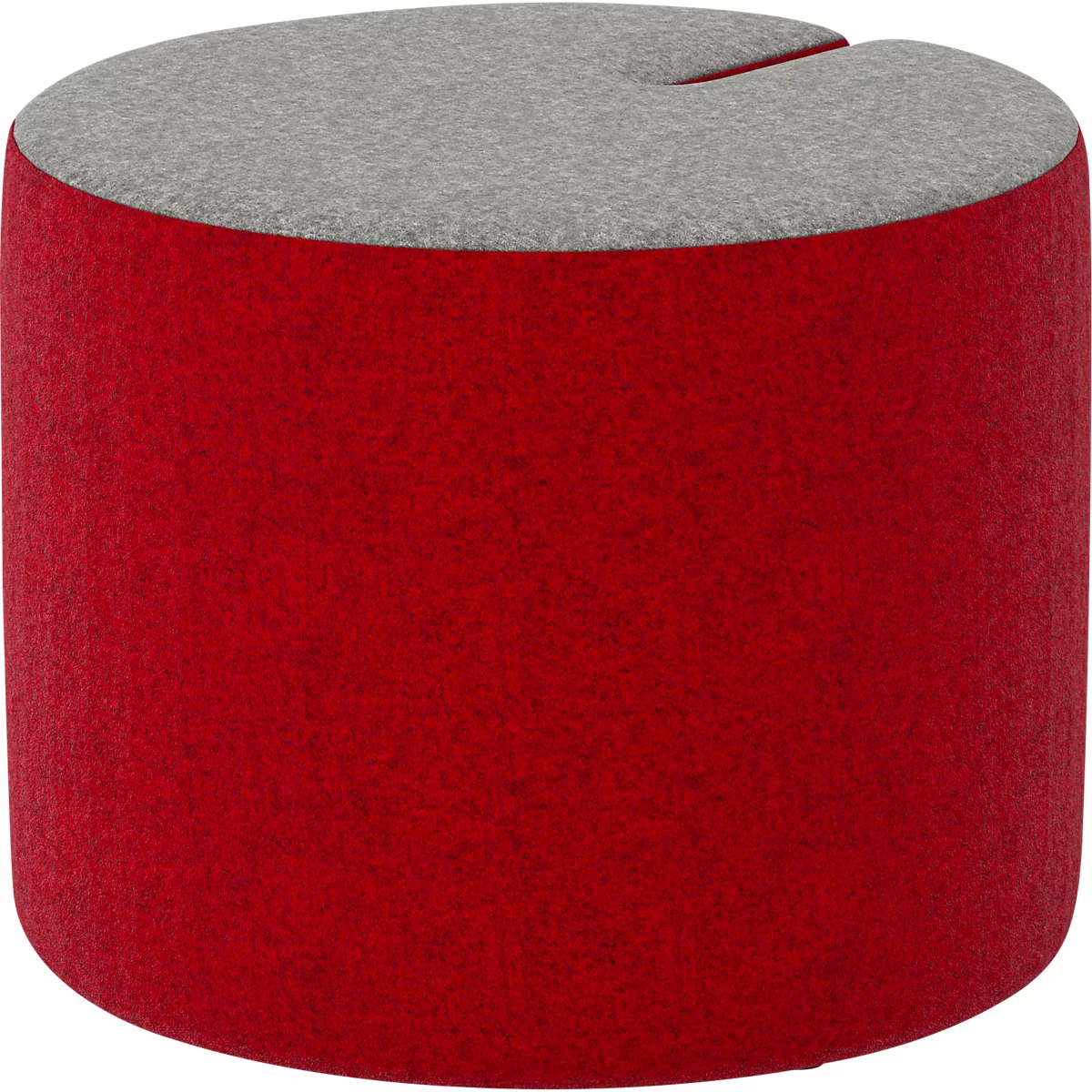 Roter, zylindrischer Hocker mit grauem Sitz. In der Mitte des Sitzes befindet sich eine Aussparung.