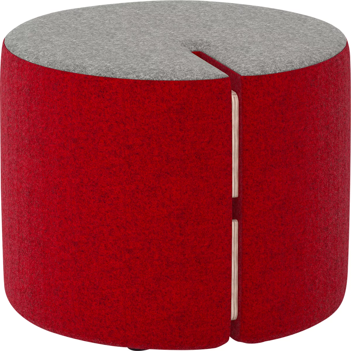 Roter runder Hocker mit grauem Deckel und vertikalem Spalt.